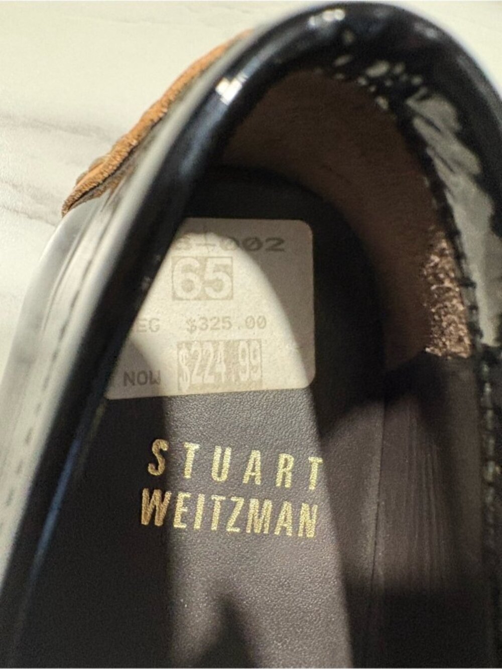Stuart Weitzman Black Patent Loafers with Tan Trim and Tassels - Picture 8 of 11